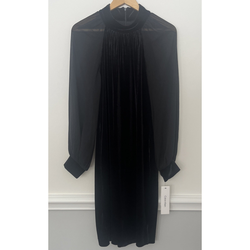 Nwt Calvin Klein Velvet Sheath Dress Sz 10 Mock Neck Black Sheer Sleeve Romantic